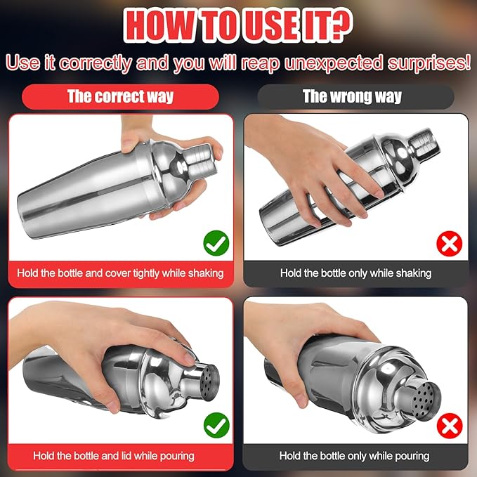 Nitial 6 Pcs Bar Cocktail Shaker Professional Stainless Steel Martini Drink Mixer with Built-in Strainer for Bartending No Leaks Boston Shaker for Bar Party Drink Mixing Tool(25 oz,Silver)