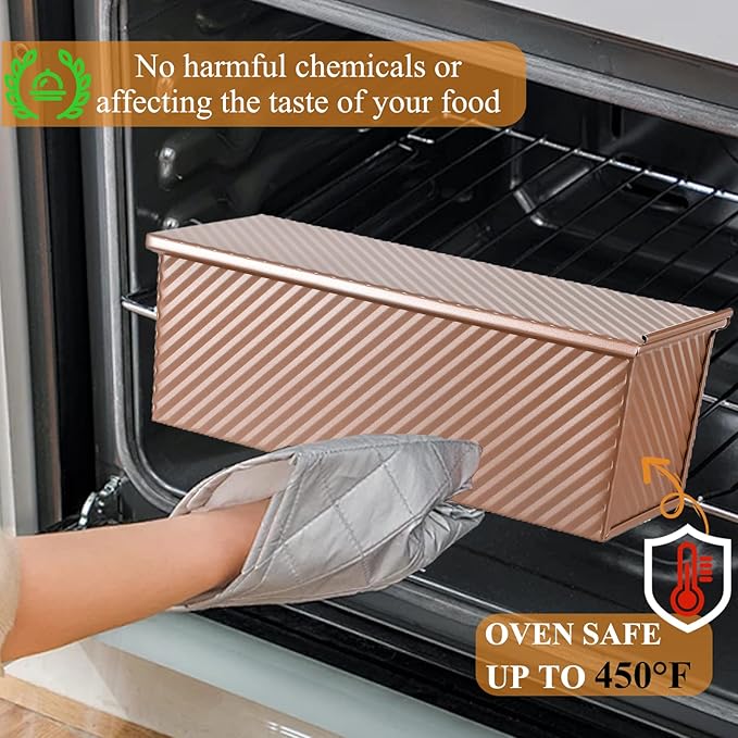 SS&CC Pullman Loaf Pan with Lid 2-Pack, 2.2lb & 1lb Carbon Steel Bread Pan for Homemade Sourdough & Sandwich Bread | Nonstick Bakeware, Heavy Duty & Easy Clean (Gold, 1lb+2.2lb)