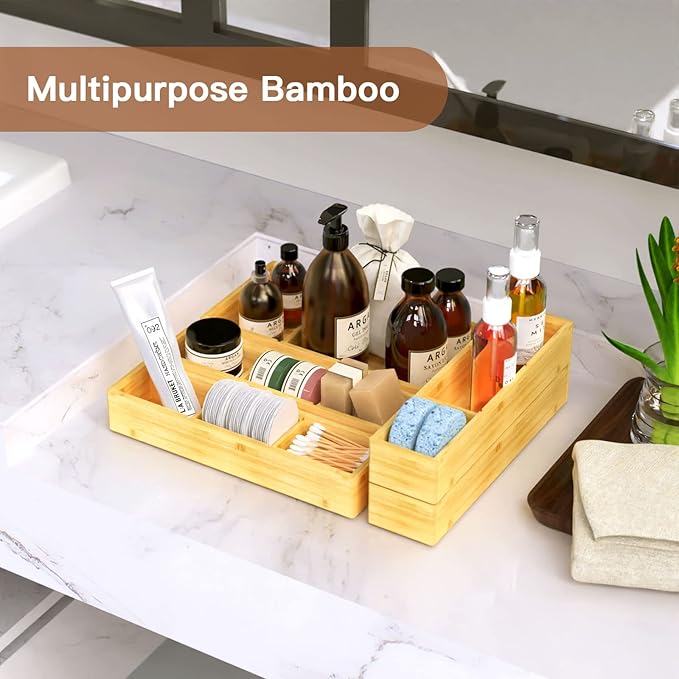 5 pieces Bamboo Drawer Organizer, Adjustable 3 Individual Junk Drawer organizer for Bathroom and Kitchen, Wood Drawer Organier Boxes for Jewellery, Make up and Tea Bag