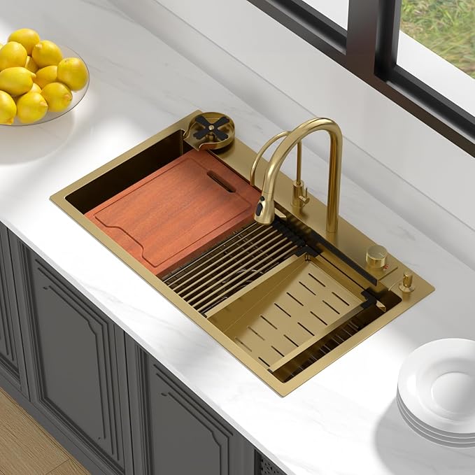Lordear 33 Watefall Gold Kitchen Sink Drop In 33x19x9 Inch Topmount Sink Stainless Steel 16 Gauge Single Bowl Multifunctional Workstation Sinks with Built-in Accessories