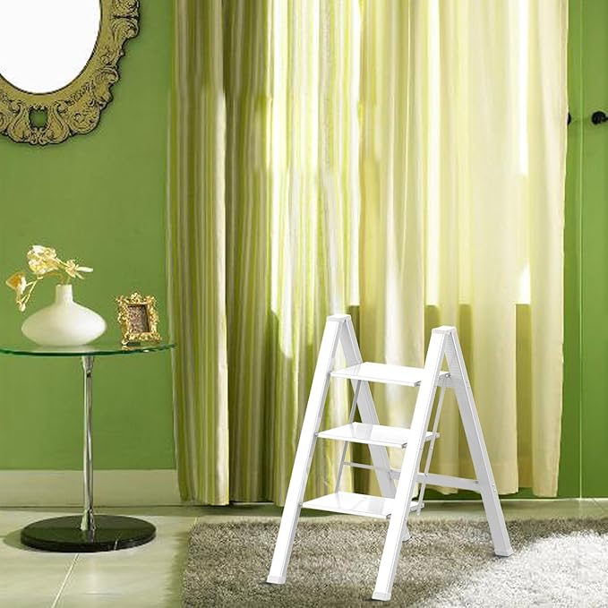 3 Step Lightweight Folding Ladder for Home, 330lbs Aluminum Step Ladder Anti-Slip for Kitchen, Step Stool Foldable Adults for Closet, 330lbs - White