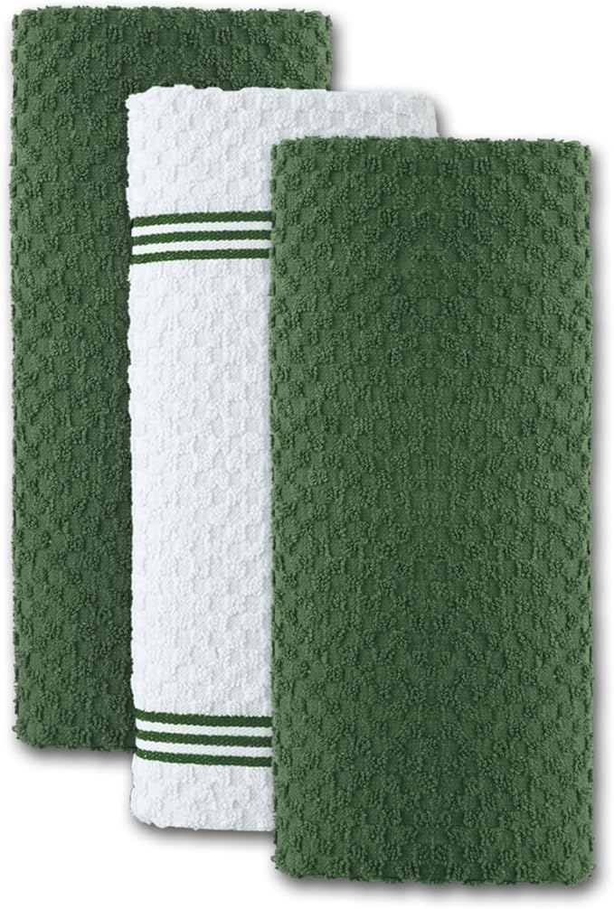 Infinitee Xclusives Premium Kitchen Towels – Pack of 3, 100% Cotton 15 x 25 Inches Absorbent Dish Towels - Terry Kitchen Dishcloth Towels - Green Dish Cloth for Household Cleaning