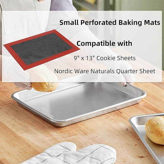 Perforated Silicone Baking Mats for Quarter Sheet, 2 Pcs Non-Stick Eclair Baking Mats for 9x13 Cookie Sheet, Reusable Baking Sheet Liners Compatible with Nordic Ware Naturals Quarter Sheet