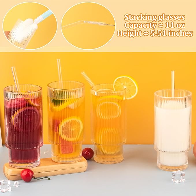 8 Pcs 11oz Ribbed Glass Cups With Bamboo Lids, Stackable, Vintage, Suitable for Coffee, Juice, Cocktails, Beer