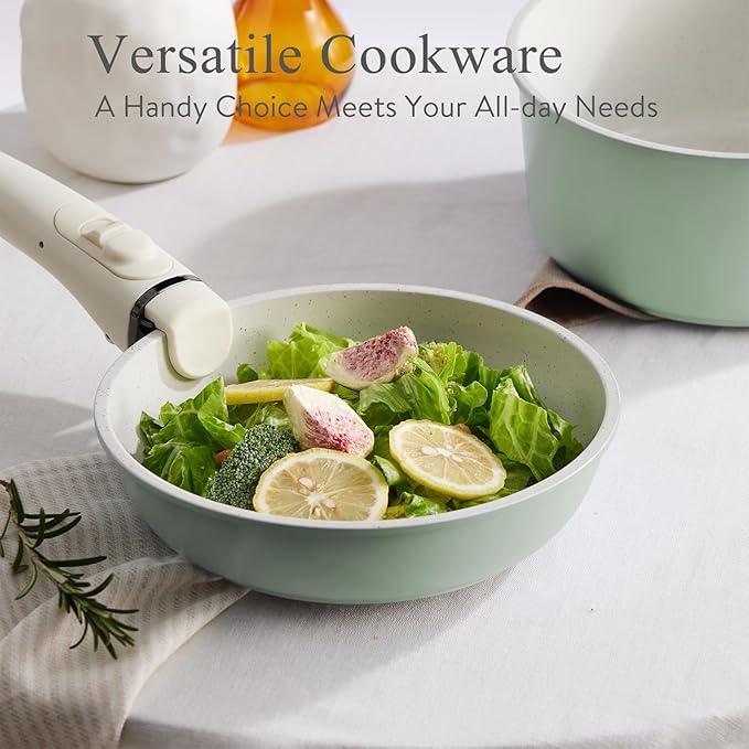 Pots and Pans Set Healthy Non toxic Non Stick Ceramic Cookware Set 21 Pcs Detachable Handles, Oven Safe, Induction Dishwasher, Stackable Frying Pan (PFOS, PFOA Free),Green