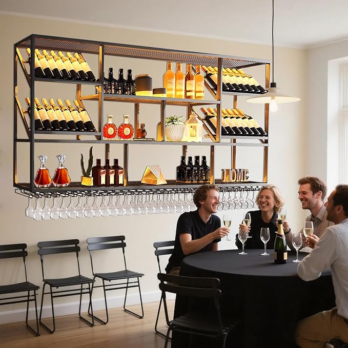 78.7Inch Wall Mounted Wine Rack, 3 Tiers Large Bar Shelves with 21 Glass Holder, Metal Wine Bottle Display Shelf, Modern Iron Liquor Shelf, for Kitchen Dining, Home Bar, Cellar (78.7" W)