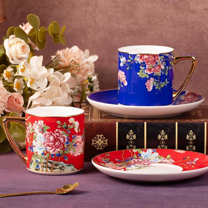 KAMMAK Tea Cups and Saucers Set of 2, Porcelain Coffee Cups with Saucer for Espresso, Cappuccino, 7.5oz Vintage Red and Blue Ceramic Demitasse Mug for Home, Tea Party, Office