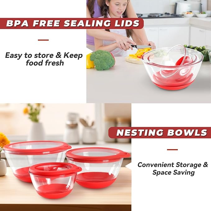 Glass Mixing Bowls Set of 3 with BPA-Free Airtight Lids, Large Nesting Bowls with Non-Slip Silicone Base, Ideal for Food Storage, Dishwasher & Microwave Safe, Sizes: 2, 1, 0.5 QT Red