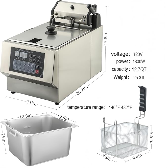 Commercial Deep Fryer with Auto Lift - Unattended Frying, One-Touch Operation, Boosts Efficiency & Consistency-1800W Electric Oil Fryer with basket for Restaurant Business, Food Truck, Home