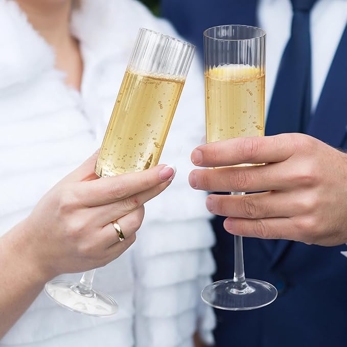 Topsky Ribbed Champagne Flutes Set of 4, 7 oz Crystal Champagne Glasses, Vintage Unique Ridged Design, Clear Mimosa Glasses, Cocktail or Wedding Toasting Glasses, Inner Stripe