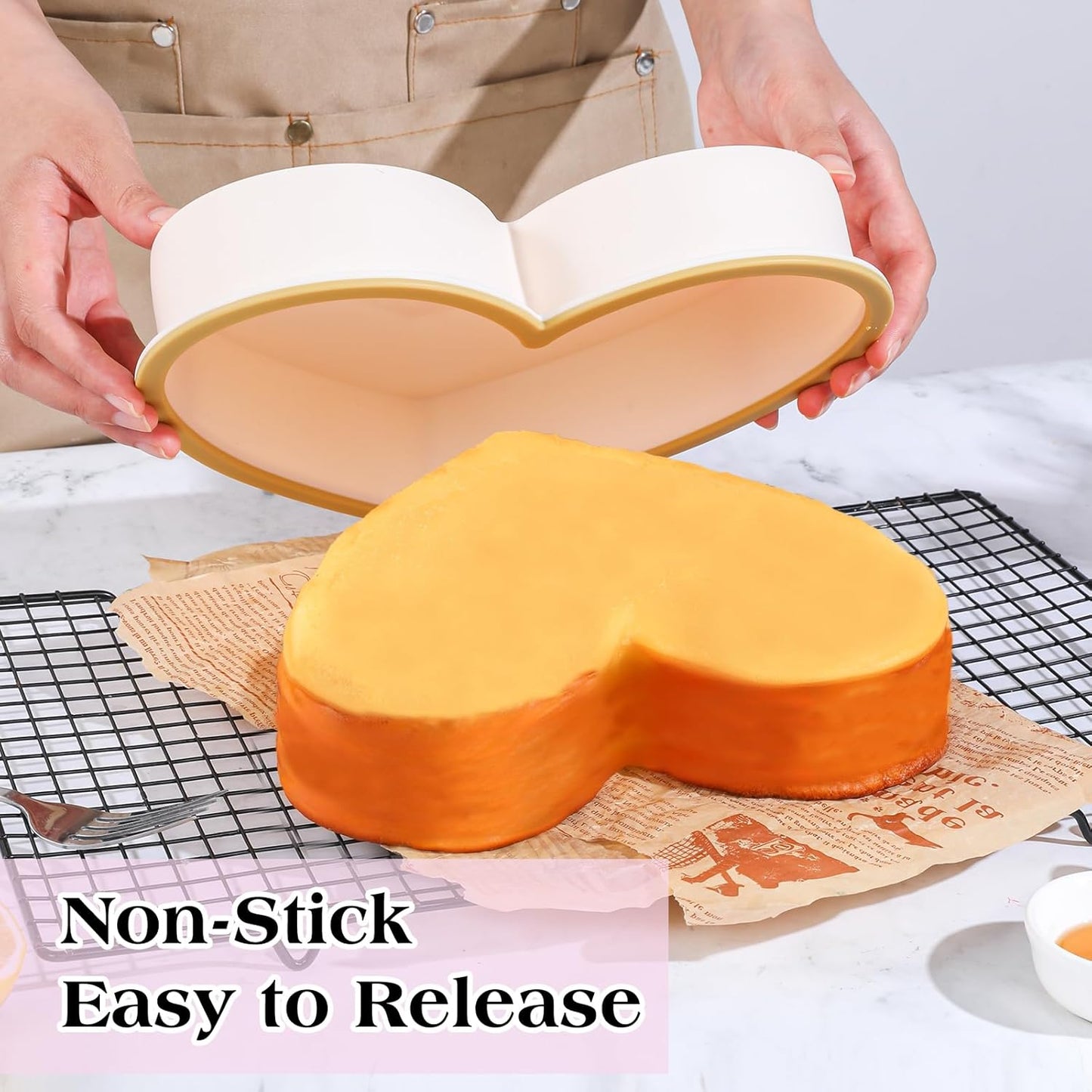 Metal Reinforced Frame Silicone Heart Shaped Cake Pans - 10 Inch, Nonstick Molds for Cake Pan, Reusable and Easy to Release, Food Grade Silicone for Oven, Dishwasher, Freezer (2 Pack)