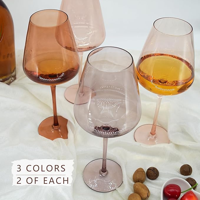 Colored Wine Glasses Set of 6, 19.5oz Stemmed Amber Wine Glasses, Brown Colorful Large Glasses with Long Stem, Hand-Blown, Ideal Gift For Daily Use, Special Occasions, Wedding, Anniversary