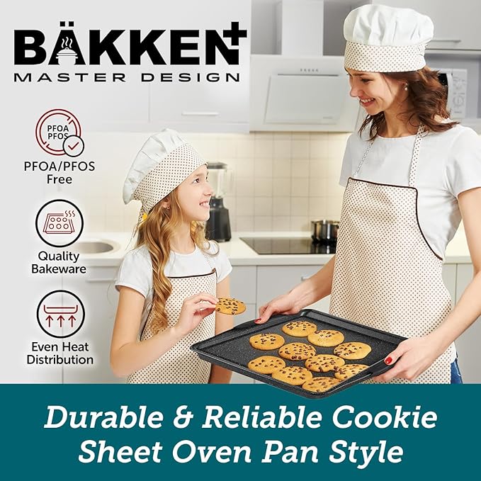 BAKKEN Kitchen Baking Pans - Medium (15.15 × 10.03") and Large (17.1 x 11.8") Nonstick Sheets, Carbon Steel Cookie Sheets with Red Silicone Handles, PFOA, PFOS, PTFE Free, Oven Safe (450°F), Set of 2