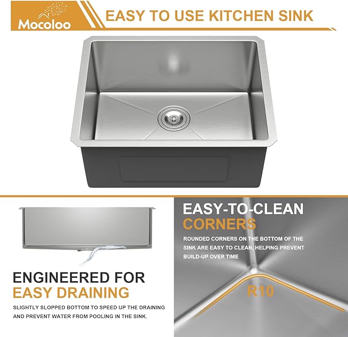 Mocoloo 23 Inch Undermount Kitchen Sink - 23x18 Inch Stainless Steel Kitchen Sink Under Mount 16 Gauge Single Bowl Handmade Basin, 10 Inch Deep