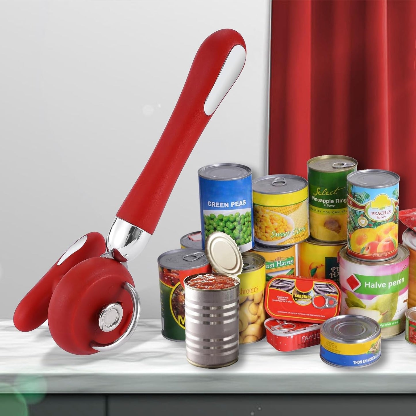 Can Opener Manual Tin Opener Stainless Steel Heavy Duty, Oversized Hand-held Easy Rotary Knob, Safe Cut Manual Can Opener with Non-Slip Handle, Smoother Cut Sharp Blade for Seniors Kitchen Tool, Red