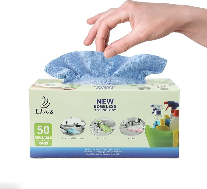 LIVOS 50 Pack Microfiber Cleaning Cloth in Box, Reusable Cleaning Rags, 11.5"x11.5", Edgeless Microfiber Wipes, Lint Free, Absorbent Shop Towels for Kitchen, Car, Glass (Blue)