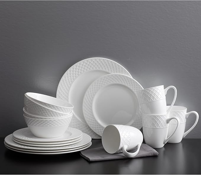 Mikasa Trellis Bone China 16-Piece Dinnerware Set, Service for 4, White Lightweight Porcelain with Textured Design, Chip-Resistant and Dishwasher Safe