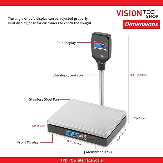 VisionTechShop TPD-60LB, POS Interface Portion Scale with Most ECR's and POS Systems, Lb/Oz/Kg Switchable, 60lb Capacity, 0.01lb Readability, Two Display, NTEP Legal for Trade COC #22-010