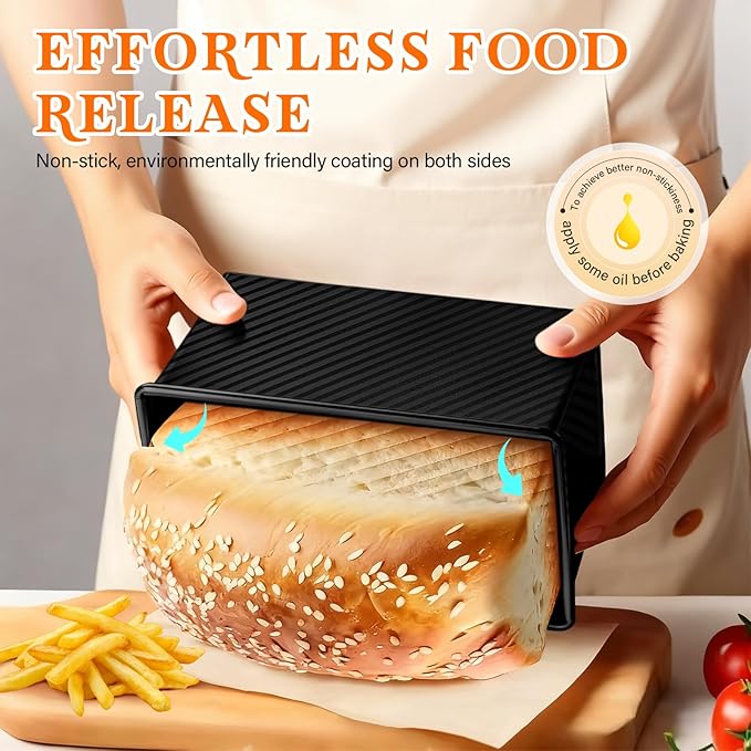 Pullman Loaf Pan Set with Lids – 2 Pack Nonstick Bread Pans for Baking, 2.2lb & 1lb Dough Capacity, Carbon Steel Sandwich Toast Mold for Shokupan, Pain de Mie & Sourdough with Baking Tools