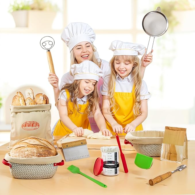 Sourdough Starter Kit, 33 Pcs Sourdough Bread Baking Supplies, 9 10 Inches Round&Oval Cotton Rope Banneton Bread Proofing Basket Set of 2, Beginner Friendly Bread Making Tools with Starter Jar