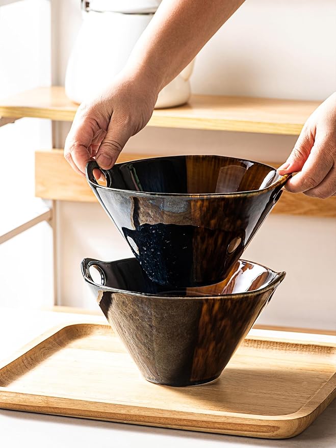 HENXFEN LEAD Japanese Ramen Noodle Bowl Set of 2-30 Oz Large Porcelain Salad Bowls with Chopsticks, Soup Spoons and Rests, Kitchen Serving Dishes for Pho, Udon