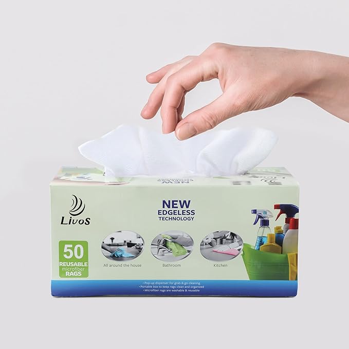 LIVOS 50 Pack Microfiber Cleaning Cloth in Box, Reusable Cleaning Rags, 11.5"x11.5", Edgeless Microfiber Wipes, Lint Free, Absorbent Shop Towels for Kitchen, Car, Glass (White)