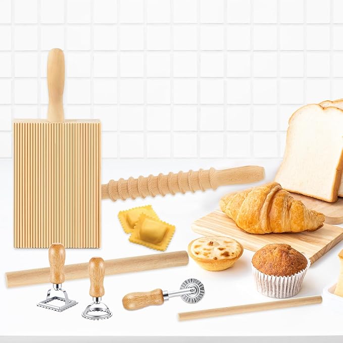 7 Pcs Wooden Pasta Maker Set, Gnocchi Board, Ravioli Stamp, Rolling Pin Kit with Pasta Cutter Wheel Tools for Homemade Gnocchi, Ravioli, Lasagna, Pierogi