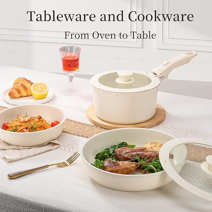 JEETEE Nonstick Pots and Pans Set with Removable/Detackable Handle (Beige, 19 pcs)