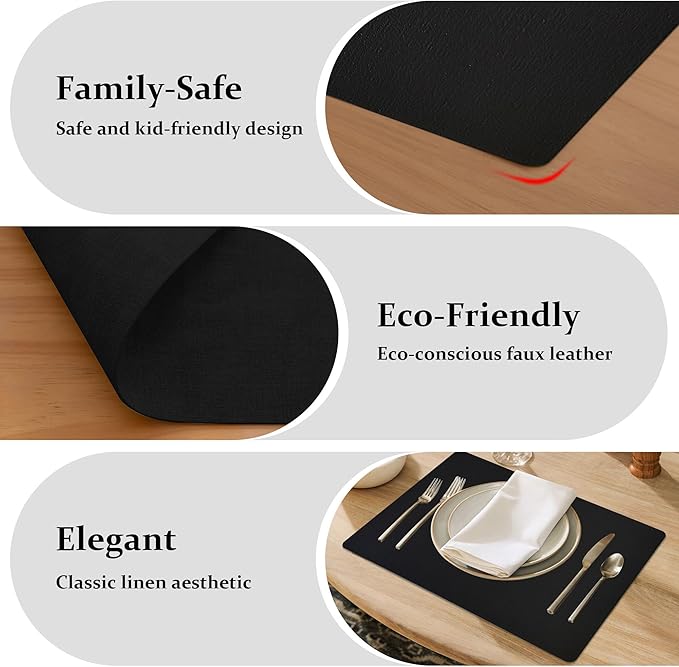 FROMHEART Faux Leather Placemats Set of 6–Waterproof,Heat/Oil Stain-Resistant PU Table Mat–Reversible,Non-Slip,Easy to Clean Place Mats for Kitchen,Dining,Indoor/Outdoor,(Black,11.8" x 17")