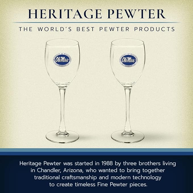 Heritage Pewter Ole Miss Rebels Glass Goblets β Set of 2 | 12 OZ Goblet Wine Glasses | Expertly Crafted Pewter Glass