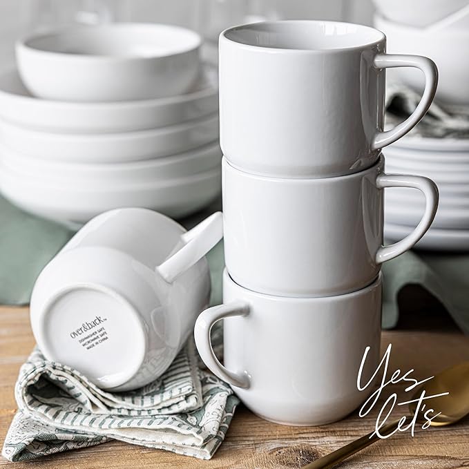 over&back Coupe Porcelain Coffee Mugs - 4-Piece Mug Set - Enjoy the Perfect Cup of Coffee, Tea, Latte, and More - Glossy White - 14 Oz