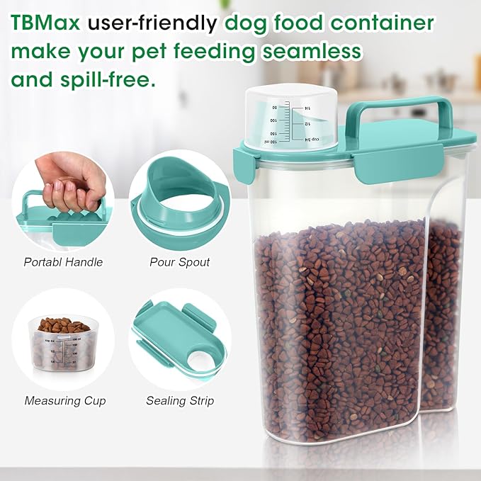 Pet Dog Cat Food Storage Container 5 to 7 lbs with Can Cover and Mixing Spoon, Airtight Travel Pet Food Storage Dispenser with Easy-pouring Spout & Cup, Kibble Dog Treat Bird Seed Container -Cyan