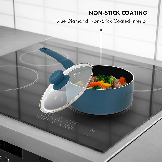 2 Quart Sauce Pan with Lid, Blue Diamond NonStick Small Pot with Tempered Glass Lid, Soft-Touch Handles, Induction Base