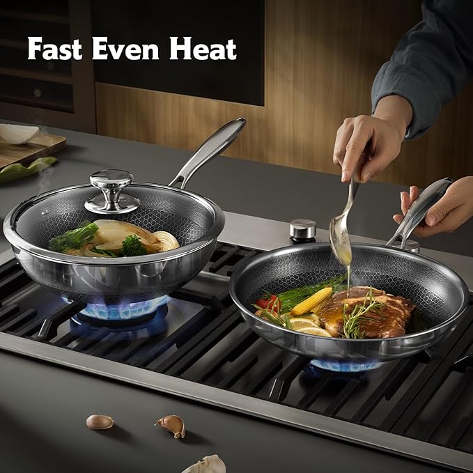 Non Stick Pots and Pan Set, 10 Pcs Hybrid Stainless Steel Cookware Set with Lids, Kitchen Skillet, Stock Pot, Nonstick Frying Pan, Kitchen Cooking Utensils, Induction, Dishwasher Safe