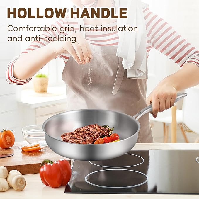GOLDEN KEY 12 Inch Stainless Steel Frying Pan,Tri-Ply Stainless Steel Skillets with Lid,Stainless Steel Pans Oven Safe 600F, Fast & Even Heat,Compatible with All Cooktops,Dishwasher Safe