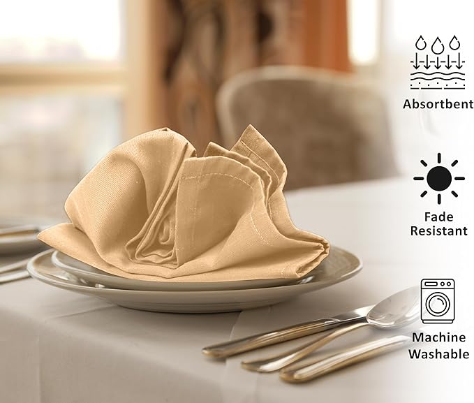 Ruvanti Cloth Napkins Set of 6, 18x18 Inches Napkins Cloth Washable, Soft, Durable, Absorbent, Cotton Blend. Table Dinner Napkins Cloth for Hotel, Lunch, Restaurant, Wedding Parties - Ivory Gold