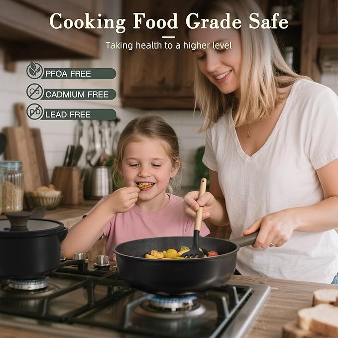 Astercook 19 Pcs Pots and Pans Set Non Stick, Black Titanium Induction Kitchen Cookware Sets, Non toxic Healthy Non Stick Kitchen Cooking Set with Frying Pans Set, PFAS PTFE PFOA PFOS Free