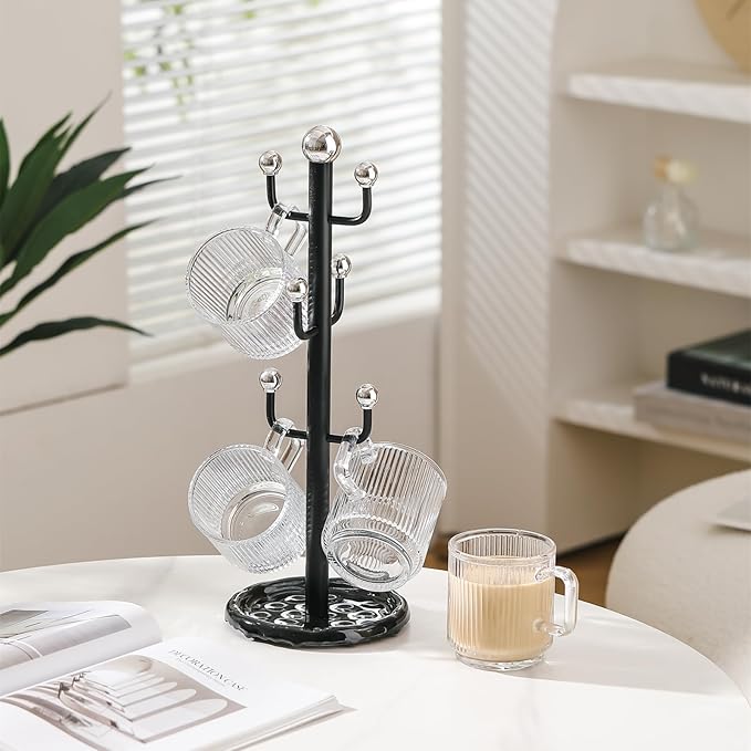 6 High-End Glass Coffee Mugs with Handles and Cup Holders, 12 Ounce Classic Vertical Striped Glass Mugs for Hot and Cold Drinks, American Style, Latte, Cappuccino