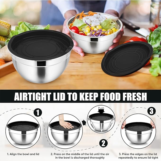 P&P CHEF Mixing Bowls with Airtight Lids Set of 5, 10-Piece Stainless Steel Mixing Nesting Bowl, Metal Bowl with Lid for Kitchen Prepping & Storing, Size 4.6, 3, 1.5, 1, 0.7 QT, Black