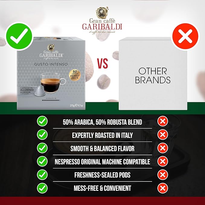 Gran Caffè Garibaldi Espresso Pods, Italian Roasted Coffee, Compatible Nespresso Original Line Machines, Nitrogen Flushed, Strong & Intense, Cocoa & Dried Fruit, Dark Roast - Gusto Intenso (Aluminum) 50 Cups
