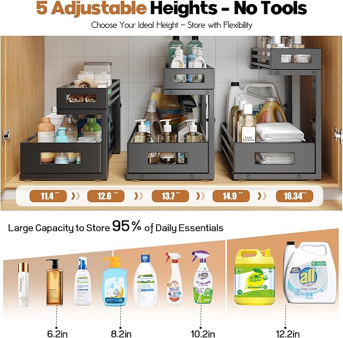 1-Pack Under Sink Organizers and Storage,2-Tier L Shape Pull Out Cabinet Organizer With Round Tube Slide Rails,Hight Adjustable Slide Out Drawers for Kitchen&Bathroom,Multi-Purpose Storage Shelf-Black