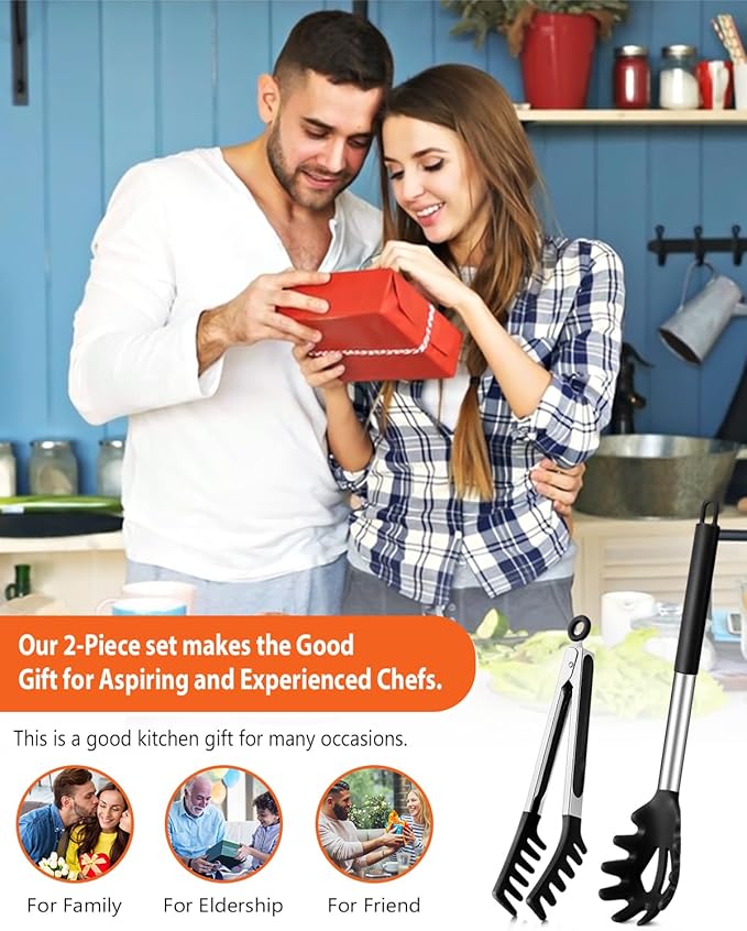 Silicone Spaghetti Spoon & Pasta Tong, Non-Stick Stainless Steel Handle Pasta Fork Set with Teeth, Food Clip for Easy Serving of Noodles (Black)