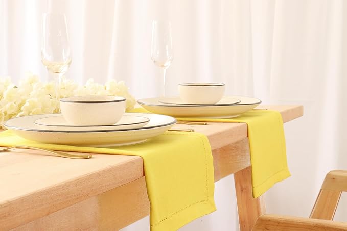 PurpleEssences Set of 12 Hemstitch Cloth Dinner Napkins 100% Cotton - Soft Durable Washable - Ideal for Wedding Fall Thanksgiving - Perfect Everyday Use Table Linen 18x18 - Yellow