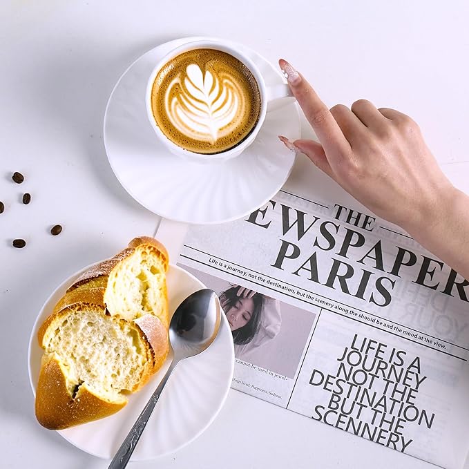 Fine Bone China Cappuccino Mugs Set of 4, 7 Oz Spiral Pattern Lightweight Ceramic, Art Coffee Cups with Saucers, for Latte, Mocha, Tea, Espresso, Macchiato, Americano