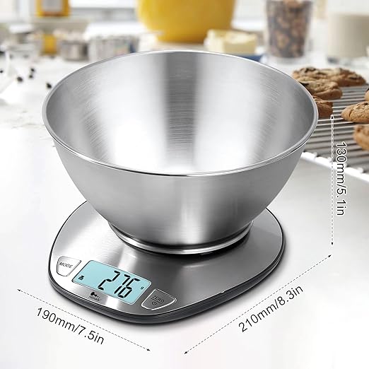 himaly Food Scale - Digital Kitchen Scale with Bowl & LCD Dipslay Scale Weight Grams and Oz for Cooking, Baking, and Meal Prep, Stainless Steel Silver