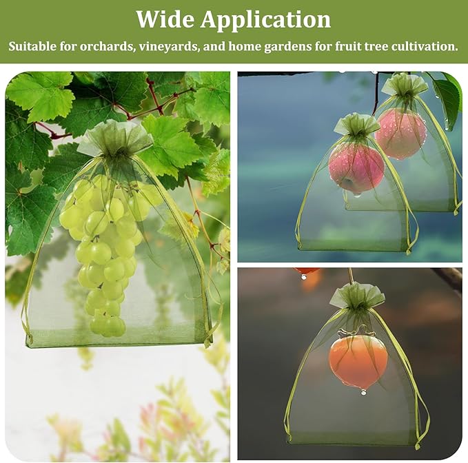 100 Pcs Fruit Protection Bags, 6x9inch Fruit Netting Bags, Green Drawstring Mesh Bags Fruit Cover Pest Barrier for Mangoes Tomatoes Fruit Trees Veggies Garden