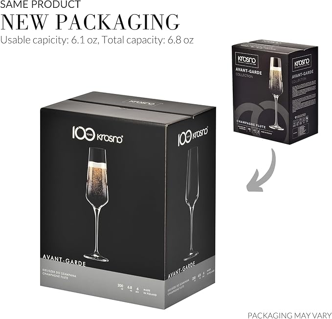 Krosno Crystal Champagne Flute Glasses, Set of 6, 6.1 oz, Avant-Garde Collection, Classic Shape for Timeless Style, Ideal for Mimosas, Prosecco, Sparkling Wine, Dishwasher Safe, Made in Europe