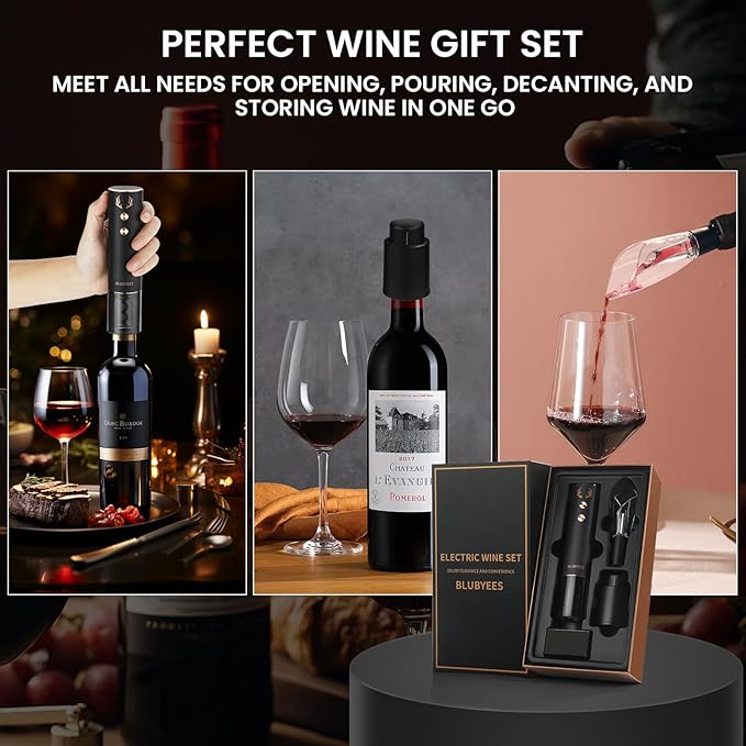 4-in-1 Rechargeable Electric Wine Opener Set - Automatic Corkscrew, Foil Cutter, Aerator Pourer, Vacuum Stopper - Wine Lovers Gifts for Women and Men