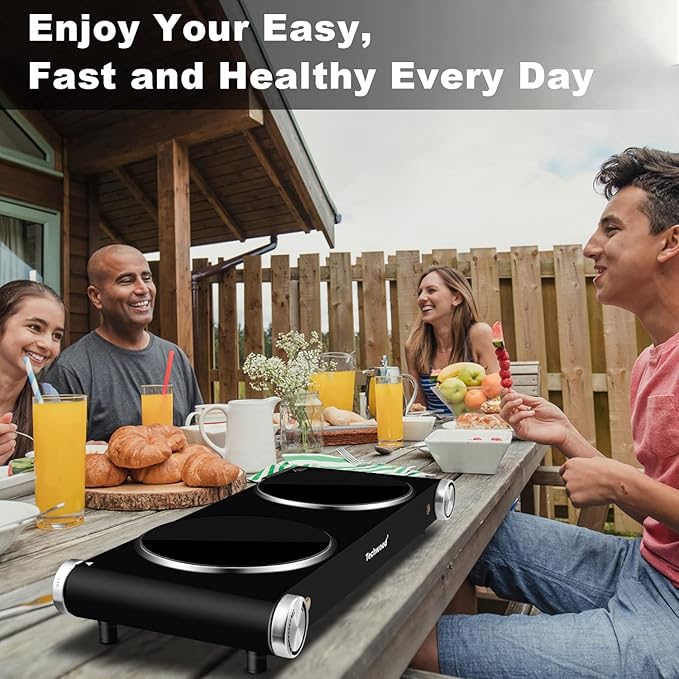 Hot Plate, Techwood 1800W Dual Electric Stove, Countertop Stove Double Burner for Cooking, Infrared Ceramic Hot Plates Double Cooktop, Brushed Stainless Steel Easy to Clean Upgraded Version, Black