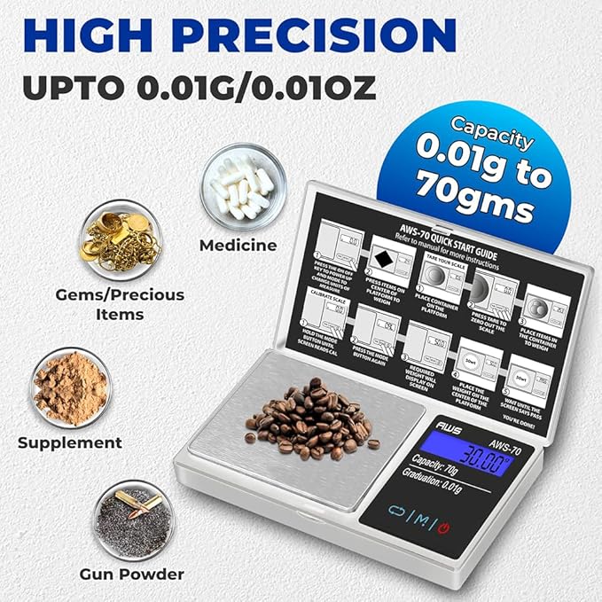 American Weigh Scales Digital Pocket Scale 70g x 0.01g with LCD Display Gram, Ounce, Carat, Grain, High Precision 0.01 g Accuracy Pocket Gram Scales for Coins, Jewellery, Gemstones, Food, Medicine
